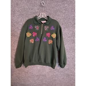 Baxter & Wells 1/4 Zip Sweatshirt Women's Petite Large Green Leaves Vintage